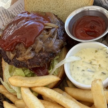 Kimo's Maui - Paniolo "Hawaiian Cowboy" Burger (note the naked top bun) - Seafood Near Me - Lahaina, Hawaii Kimo's Maui - Paniolo "Hawaiian Cowboy" Burger (note the naked top bun) - Seafood Near Me - Lahaina, Hawaii