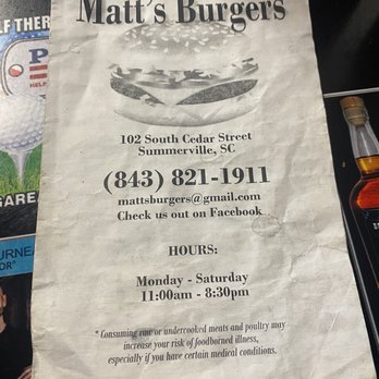 Matt's Burgers - Menu - Burgers Near Me - Summerville, South Carolina