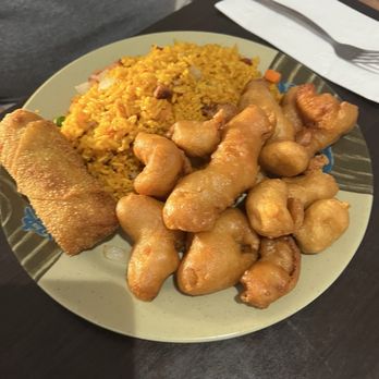 China Station - Sweet and sour chicken combination plate with pork fried rice and egg roll - Chinese Near Me - Morgantown, West Virginia