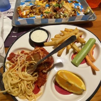 Lodge Wood Fired Grill - Mason - Spaghetti with meatballs, steak and fries, chicken lettuce wraps, loaded nacho brisket chips. - New American Near Me - Mason, Ohio Lodge Wood Fired Grill - Mason - Spaghetti with meatballs, steak and fries, chicken lettuce wraps, loaded nacho brisket chips. - New American Near Me - Mason, Ohio