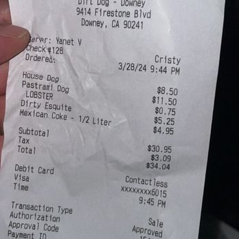 Dirt Dog Downey - My receipt - Hot Dogs Near Me - Downey, California Dirt Dog Downey - My receipt - Hot Dogs Near Me - Downey, California