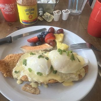 Who Dat Coffee Cafe - Catfish with poached eggs and hollandaise sauce and fresh fruit - Coffee & Tea Near Me - New Orleans, Louisiana Who Dat Coffee Cafe - Catfish with poached eggs and hollandaise sauce and fresh fruit - Coffee & Tea Near Me - New Orleans, Louisiana