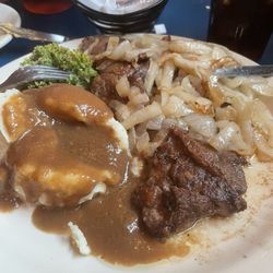 Blue Lantern - Liver and onion. Delicious brown gravy and home mashed potatoes,