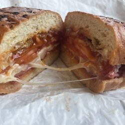 The Yellow Deli - Deli Rose - roast beef, corned beef, pepper Jack, provolone, onions, tomato, mustard & spicy red sauce on an onion roll - very flavorful!