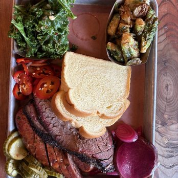 Truth BBQ - 2 Meat Plate: brisket and sausage, brussel sprouts and kale salad - Barbeque Near Me - Houston, Texas Truth BBQ - 2 Meat Plate: brisket and sausage, brussel sprouts and kale salad - Barbeque Near Me - Houston, Texas