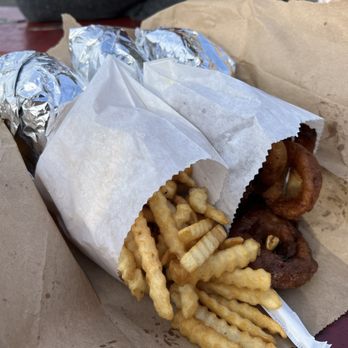 Lefty's Burger Shack - Our order! 3 burgers + fries and rings to share was plenty! - Burgers Near Me - University Place, Washington