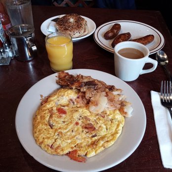 Galaxy Diner - Murray's omelette with a side of plump juicy sausage coffee and orange juice and everything bagel - Diners Near Me - New York, New York Galaxy Diner - Murray's omelette with a side of plump juicy sausage coffee and orange juice and everything bagel - Diners Near Me - New York, New York