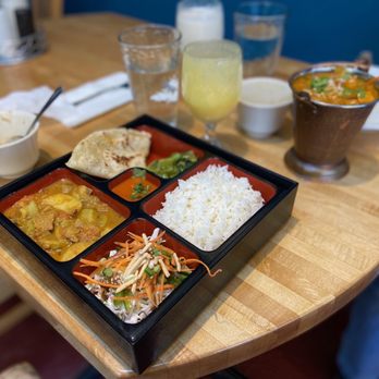 The Globe - Bento box, mango curry, and a couple of lassis. - Asian Fusion Near Me - Madison, Wisconsin The Globe - Bento box, mango curry, and a couple of lassis. - Asian Fusion Near Me - Madison, Wisconsin