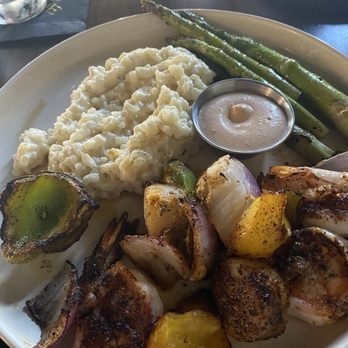 Chef Lino's PRIME - Shrimp and scallop skewers with Parmesan risotto and asparagus - Steakhouses Near Me - Bakersfield, California Chef Lino's PRIME - Shrimp and scallop skewers with Parmesan risotto and asparagus - Steakhouses Near Me - Bakersfield, California