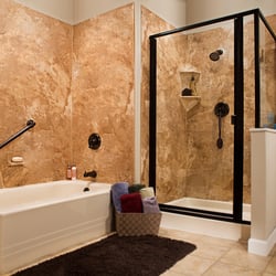 Bath Planet Raleigh - Master bathroom with separate tub and shower. Framed enclosure. Displays our beautiful stone-look acrylic.