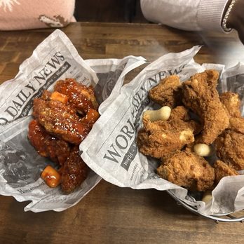 Krisp Korean Fried Chicken - Left: 6 piece sweet and spicy Right: Original half - Chicken Shop Near Me - Houston, Texas
