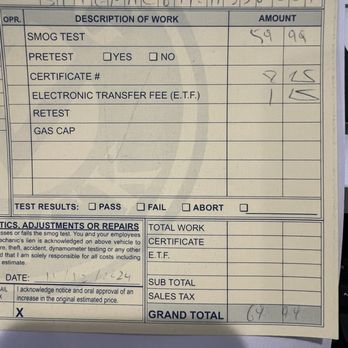 Myrtle's 76 smog check - Total (cash) for 2014 Subaru Impreza. Ended up being $72.79. - Smog Check Stations Near Me - Monrovia, California Myrtle's 76 smog check - Total (cash) for 2014 Subaru Impreza. Ended up being $72.79. - Smog Check Stations Near Me - Monrovia, California