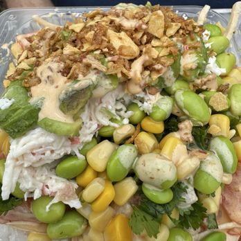 Kawamata Seafood - Spicy mayo, salmon, cilantro, crispy garlic, edamame, corn, onion, imitation crab, rice, cabbage - Hawaiian Near Me - Dana Point, California