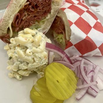 Angelo's - Pastami Sand - (L) with macaroni salad. - Italian Near Me - Loma Linda, California Angelo's - Pastami Sand - (L) with macaroni salad. - Italian Near Me - Loma Linda, California