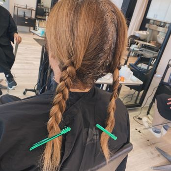 Luxelab - Waiting for color to set in pigtails - Hair Salons Near Me - Santa Monica, California Luxelab - Waiting for color to set in pigtails - Hair Salons Near Me - Santa Monica, California