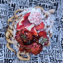 Fancy Funnel Cake - Strawberry Hot Wings, Strawberry Cheesecake Funnel Cake.
