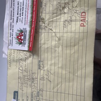 AAA Landscaping & Supply - The receipt that is now messed up because they left it in the middle of the march not inside the mailbox. - Landscaping Near Me - North Royalton, Ohio AAA Landscaping & Supply - The receipt that is now messed up because they left it in the middle of the march not inside the mailbox. - Landscaping Near Me - North Royalton, Ohio