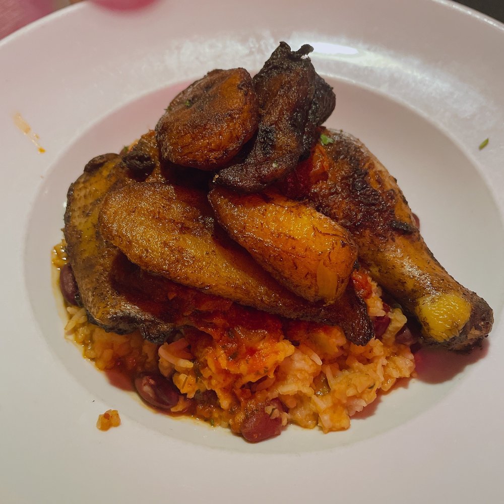 Jambo Cafe - Jerk Chicken over rice, banana and red beans... delicious! - Caribbean Near Me - Santa Fe, New Mexico
