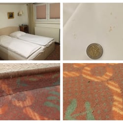 Hotel Blankenese - Das Zimmer. Schmutziger Teppich und Flecken auf dem Bettlaken