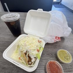 Clasico Tacos - Hard Shell chicken tacos with everything, mild red salsa, and green salsa.