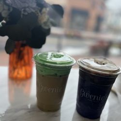 Iced pandan latte. Iced ube latte.