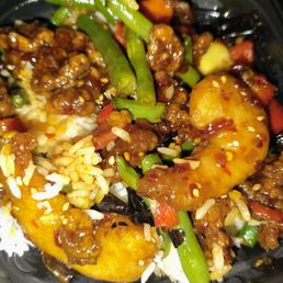 Two pieces of shrimp, maybe 4 pieces of beef. Two pieces of shrimp, maybe 4 pieces of beef.