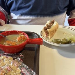 Chili dog and chicken soup.