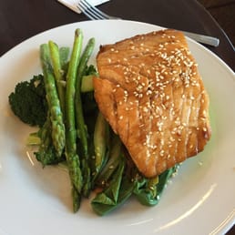 Crispy Skin Salmon with broccoli asparagus blend with he protein resting on baby grilled Bok Choy Crispy Skin Salmon with broccoli asparagus blend with he protein resting on baby grilled Bok Choy