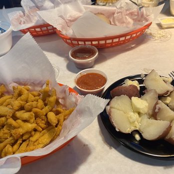 Cincy Seafood - Clam strip basket. I subbed potatoes for the fries. - Seafood Near Me - Crescent Springs, Kentucky