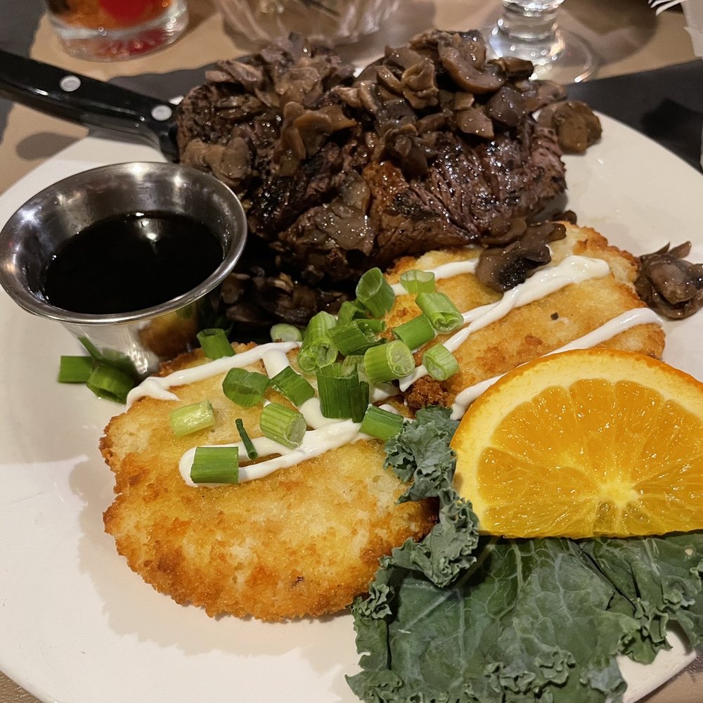 MJ's Supper Club - 12 oz tenderloin with potato cakes - Supper Clubs Near Me - Hortonville, Wisconsin