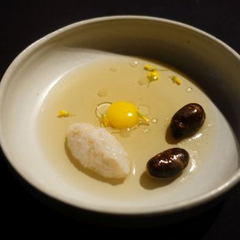 Aska - King Crab – with burnt Potatoes cooked in Leaves and Yolk from Quail Egg @endoedibles on Instagram for more - Scandinavian Near Me - Brooklyn, New York