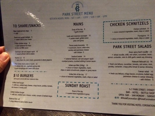 Menu photo 2 Park Street Bar Sydney, NSW