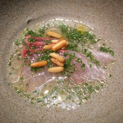 Oteque - Yellowtail in seaweed vinaigrette with pine nuts. Great flavor profile