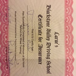 Larues Blackstone Valley Driving School - Certificate of completion that may result in discount on car insurance.