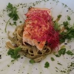 Restaurant Poul P - Excellent dinner of Bornholm salmon over fresh pasta with frizzled beets and fresh peas.
