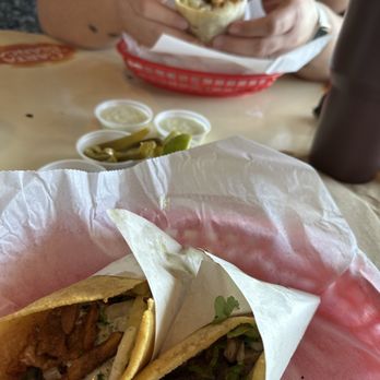 The Taco Stand - Taco de Al pastor, carne asada and a California burrito cut in half - Mexican Near Me - Costa Mesa, California