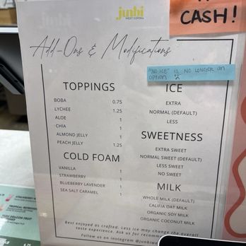 Junbi - Add ons and modifications menu - Coffee & Tea Near Me - West Covina, California