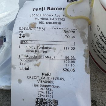 Tenji Ramen - Obscene priced and the rude hostess' name - Ramen Near Me - Murrieta, California