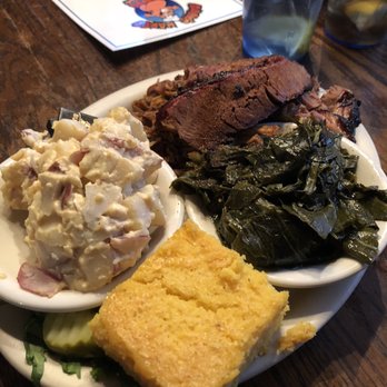 Bucks Naked BBQ - Choose two platter- brisket and pulled pork, potato salad, collards, and corn bread! - Barbeque Near Me - Freeport, Maine Bucks Naked BBQ - Choose two platter- brisket and pulled pork, potato salad, collards, and corn bread! - Barbeque Near Me - Freeport, Maine