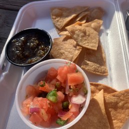 A few of the chips with both salsas.
