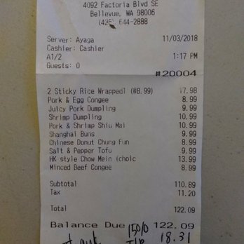 Dim Sum Factory - Four adults, two toddlers. One infant. Mandatory 15 percent gratuity added. As of 11/3/18 - Dim Sum Near Me - Bellevue, Washington Dim Sum Factory - Four adults, two toddlers. One infant. Mandatory 15 percent gratuity added. As of 11/3/18 - Dim Sum Near Me - Bellevue, Washington