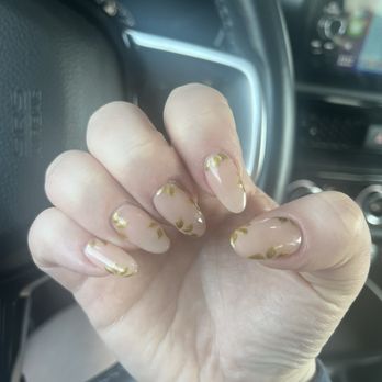 Mignonne Nail Bar - Gel x with gold floral nail art - Nail Salons Near Me - Redondo Beach, California Mignonne Nail Bar - Gel x with gold floral nail art - Nail Salons Near Me - Redondo Beach, California