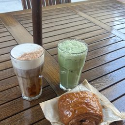 Banana Cold brew, matcha latte, chocolate croissant Banana Cold brew, matcha latte, chocolate croissant