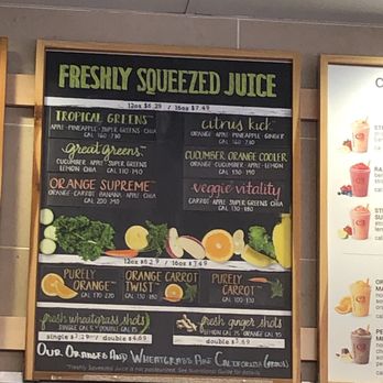Jamba - Sign hanging in the store indicating the price of the 16oz juice being $7.49. - Juice Bars & Smoothies Near Me - Commerce, California Jamba - Sign hanging in the store indicating the price of the 16oz juice being $7.49. - Juice Bars & Smoothies Near Me - Commerce, California