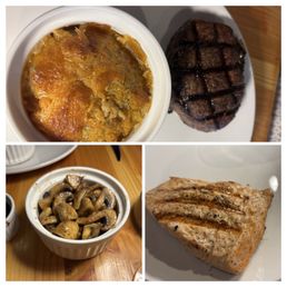 Au gratin potatoes, beef tenderloin, salmon, and mushrooms.