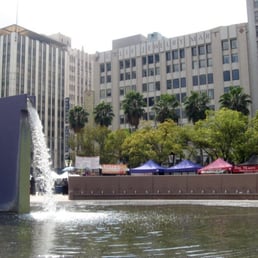 Pershing Square, with tents for farmer's market in the bg