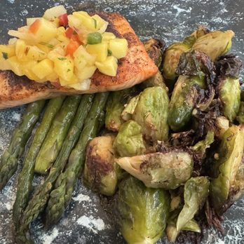 Hook & Barrel - Plain no seasoning salmon , asparagus, and Brussels sprouts - Seafood Near Me - Myrtle Beach, South Carolina