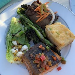 Landmarks Art & Garden Center - Little Gem Salad, Char Grilled Broccolini, Five Spice Beef Short Rib, Parmesan Crusted Potato Au Gratin, & Pan Seared Salmon.