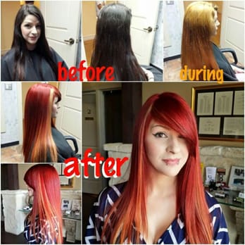 Salon Ebeo - Model had colored black hair. We had to bleach it all out in order to achieve her wanted results or bright red hair with blonde. - Hair Salons Near Me - San Antonio, Texas Salon Ebeo - Model had colored black hair. We had to bleach it all out in order to achieve her wanted results or bright red hair with blonde. - Hair Salons Near Me - San Antonio, Texas