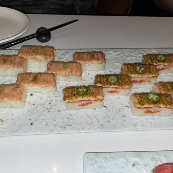 Miku - Salmon Oshi Sushi (left) and Ebi Oshi Sushi - Japanese Near Me - Toronto, Ontario Miku - Salmon Oshi Sushi (left) and Ebi Oshi Sushi - Japanese Near Me - Toronto, Ontario